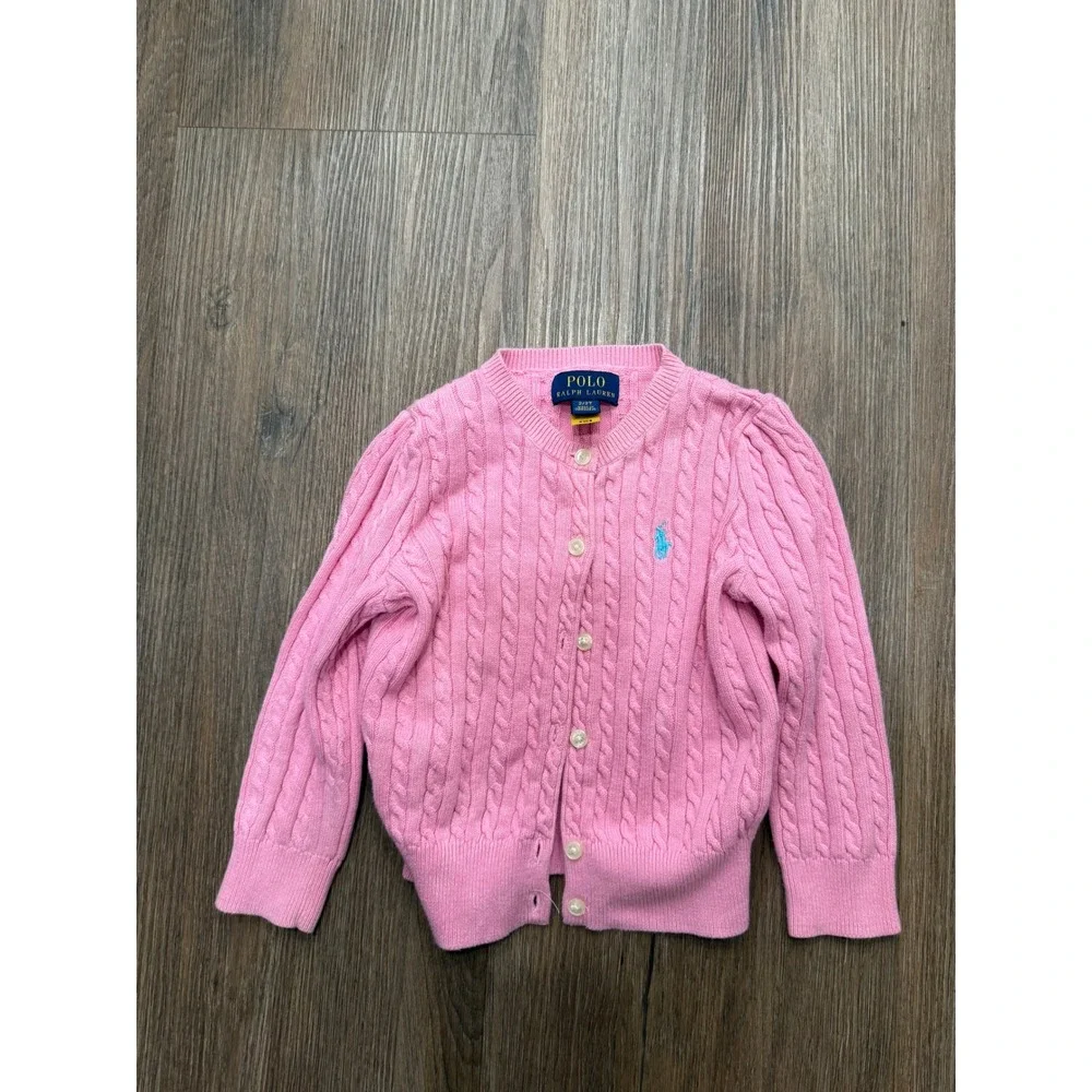 Polo Ralph Lauren Toddler Girls Pink Cable Knit Cardigan Sweater 2T Pony Logo